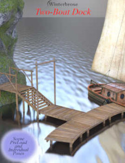 Wooden Walkway set (Poser) Two-Boat Dock READY-TO-RENDER Scene and Poses