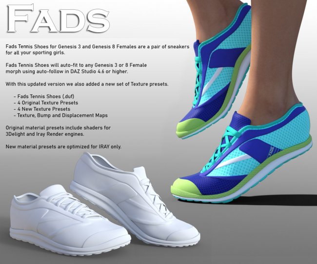 FADS Tennis Shoes for G3F and G8F | 3d Models for Daz Studio and Poser