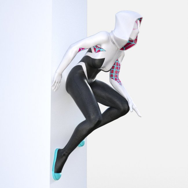 Gwen Stacy Spider-Gwen in crowching action (spider-man classic pose). shot  from behind