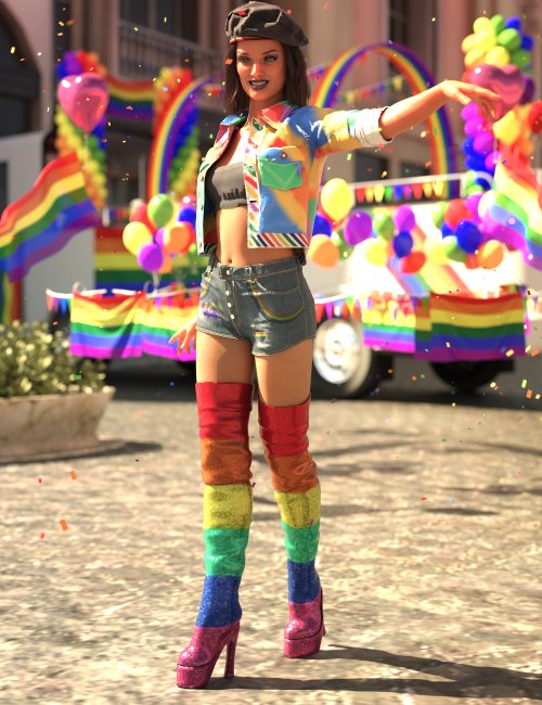 Pride Outfit Shorts, Shirt, and Beret for Genesis 8 and  Females