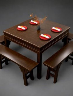 Wooden Dining Table Set With Benches 3D Model AQ3D