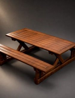 Wooden Picnic Table With Attached Benches 3D Model AQ3D