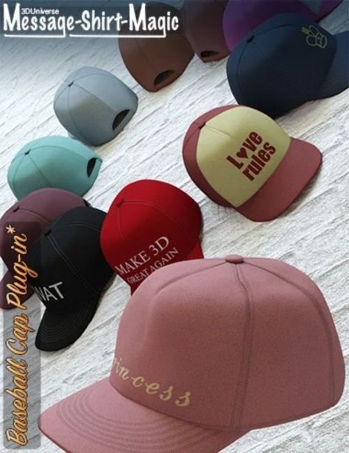 Click here to see preview images for "Message-Shirt-Magic Baseball Cap Plugin for Genesis 8 Female" Message-Shirt-Magic Baseball Cap Plugin for Genesis 8 Female